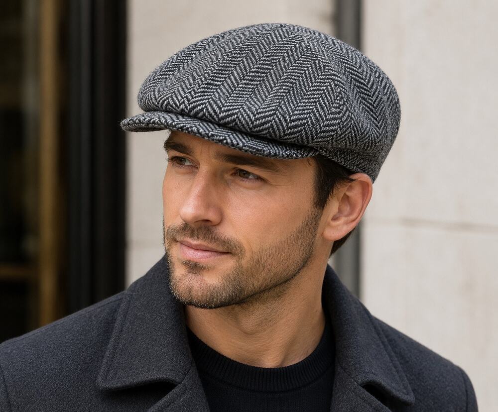 Scala Classics Gray Black Herringbone Newsboy Ivy Flat Cap Hat Medium